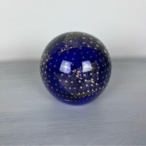 Cobalt Blue & Gold Glass 4” Paperweight Controlled Bubbles Bullicante Metallic
